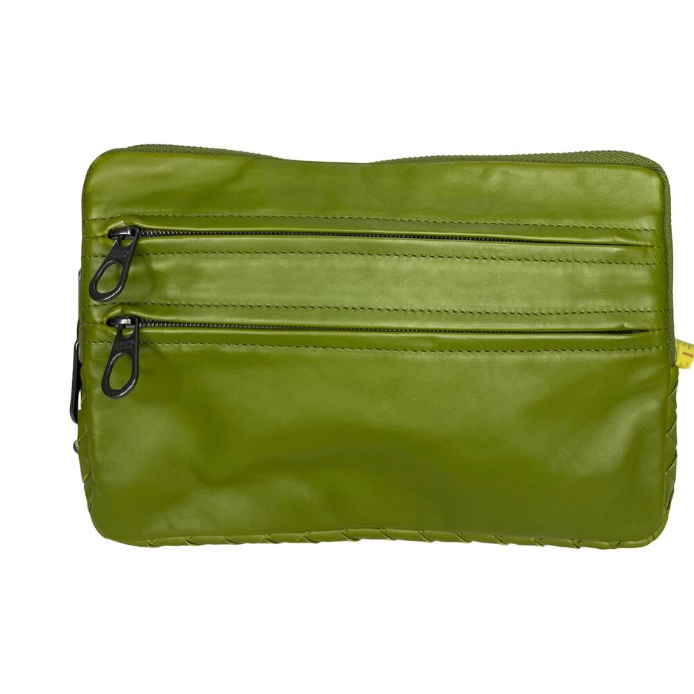Bottega Veneta Acid Green Nappa Leather Zip Clutch Pouch Italy Canvas Lining